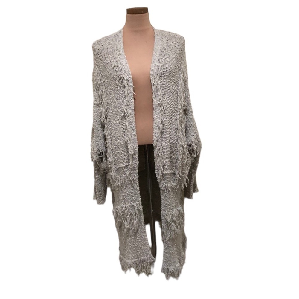 Ischiko Cardigan Tunic Sweater Size Medium 10 Gray Fringe Crochet Knit